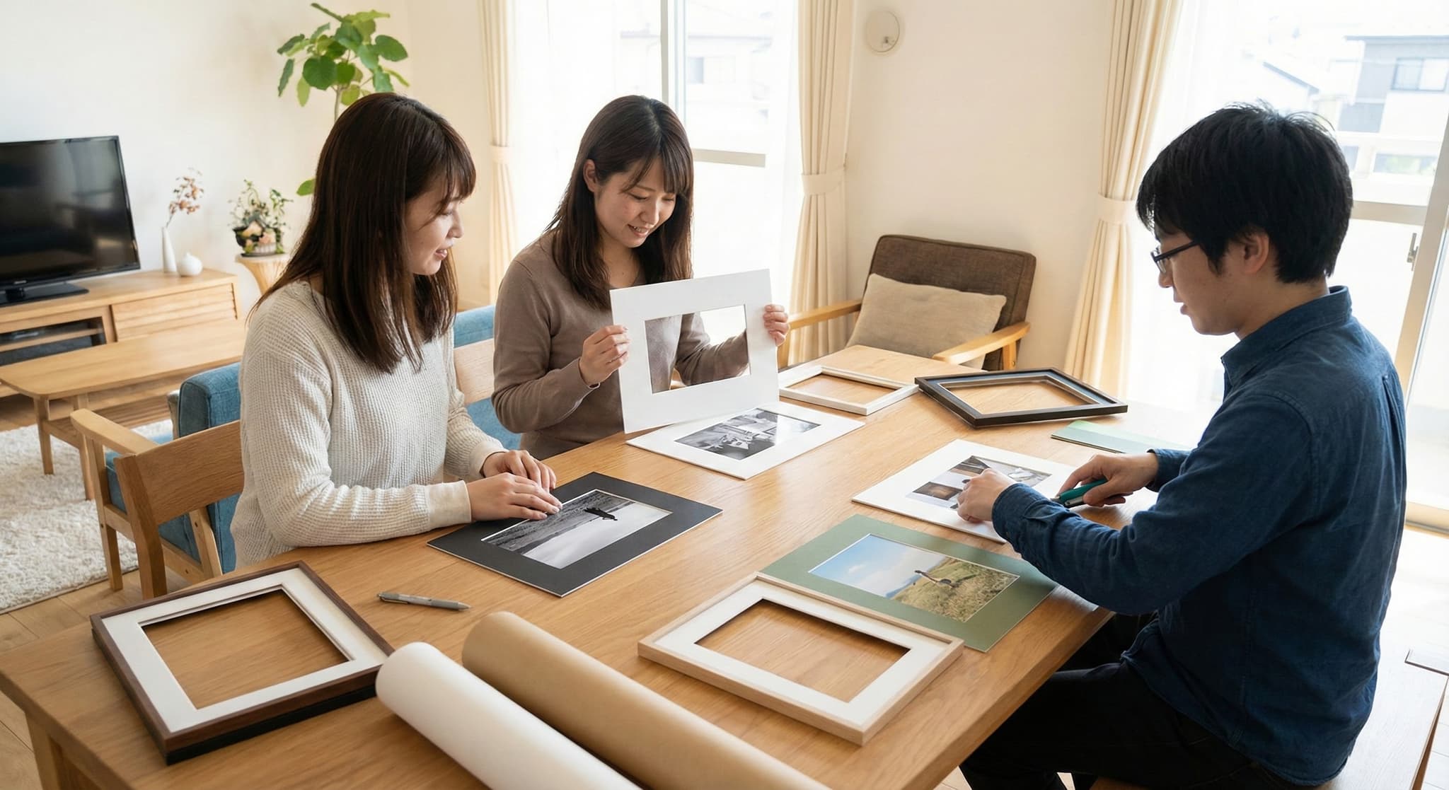 Family selecting mat boards for photos at dining table