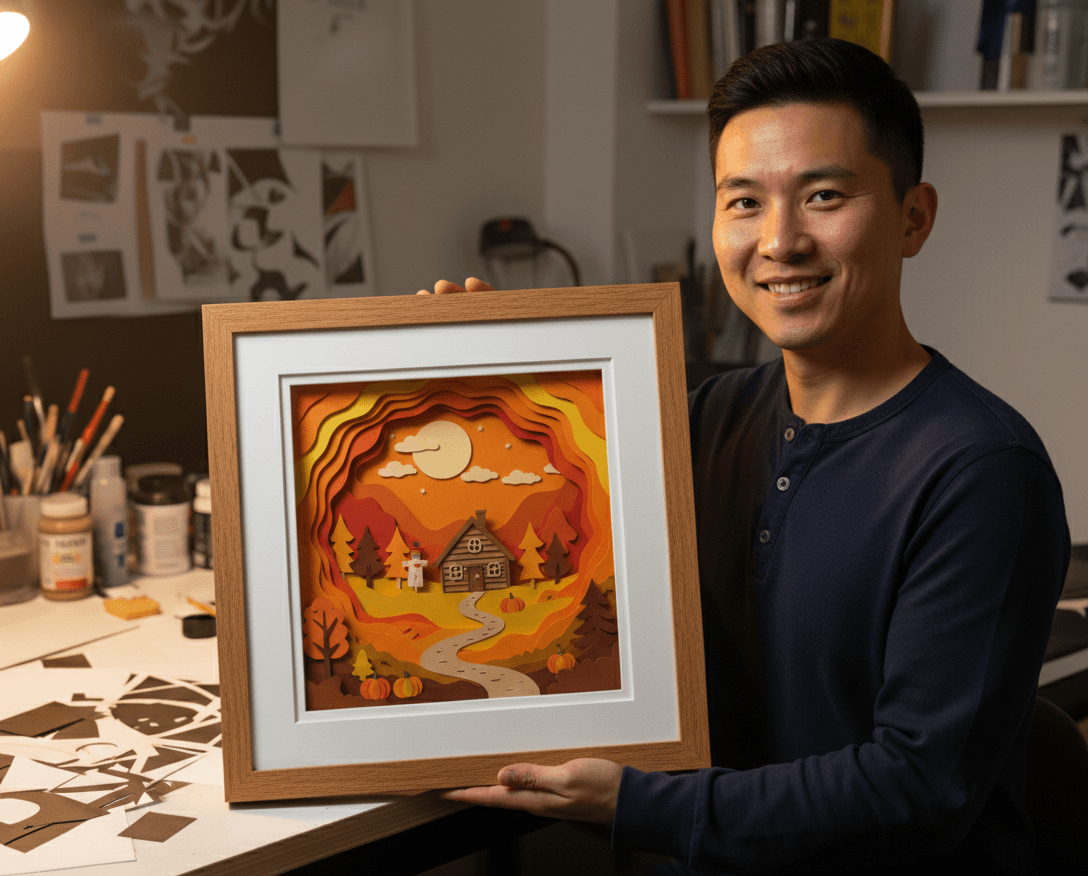 Honey oak shadowbox picture frame displaying vibrant autumn paper cut art scene with dimensional layers showing cabin pumpkins fall foliage and sunset demonstrating professional 3D artwork framing using warm wood finish and white mat board for layered paper sculpture displays