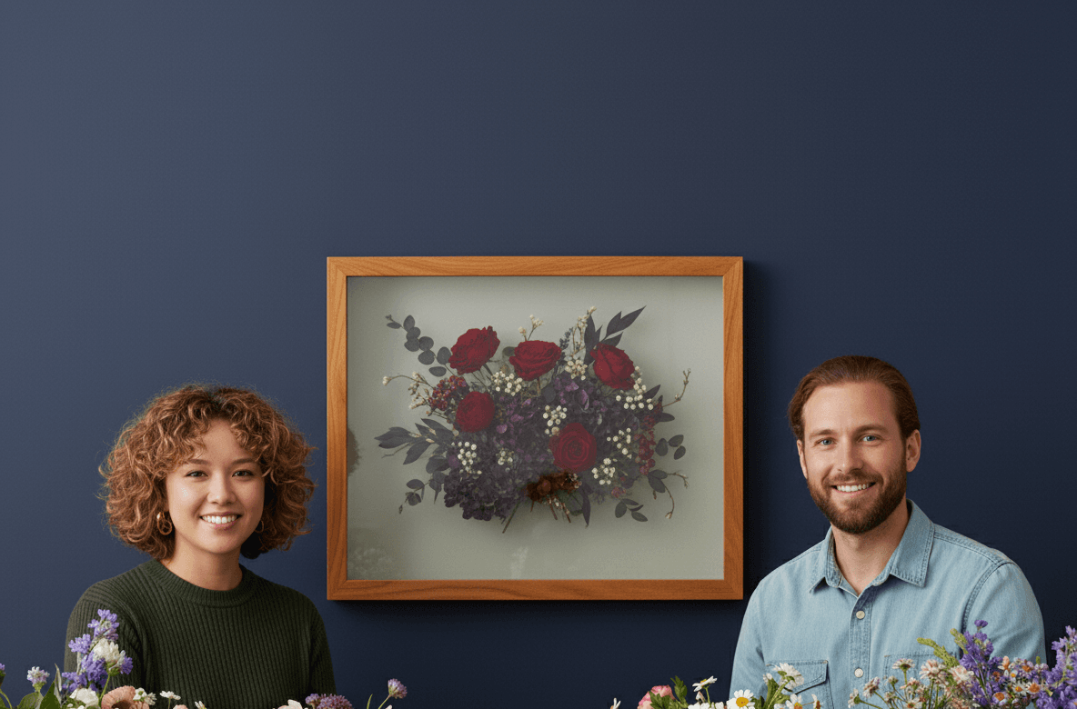 Oak wood shadowbox picture frame displaying preserved wedding bouquet featuring red roses purple berries white baby's breath and eucalyptus branches on navy blue wall demonstrating professional floral preservation framing for wedding bouquet shadowbox displays and bridal keepsake preservation using dimensional flower framing