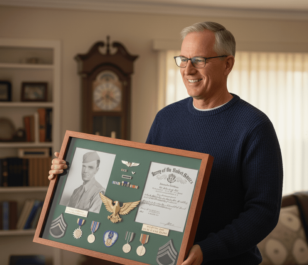 Honey oak shadowbox frame displaying commemorative memorabilia collection demonstrating traditional shadow box framing for tribute displays using classic wood styling