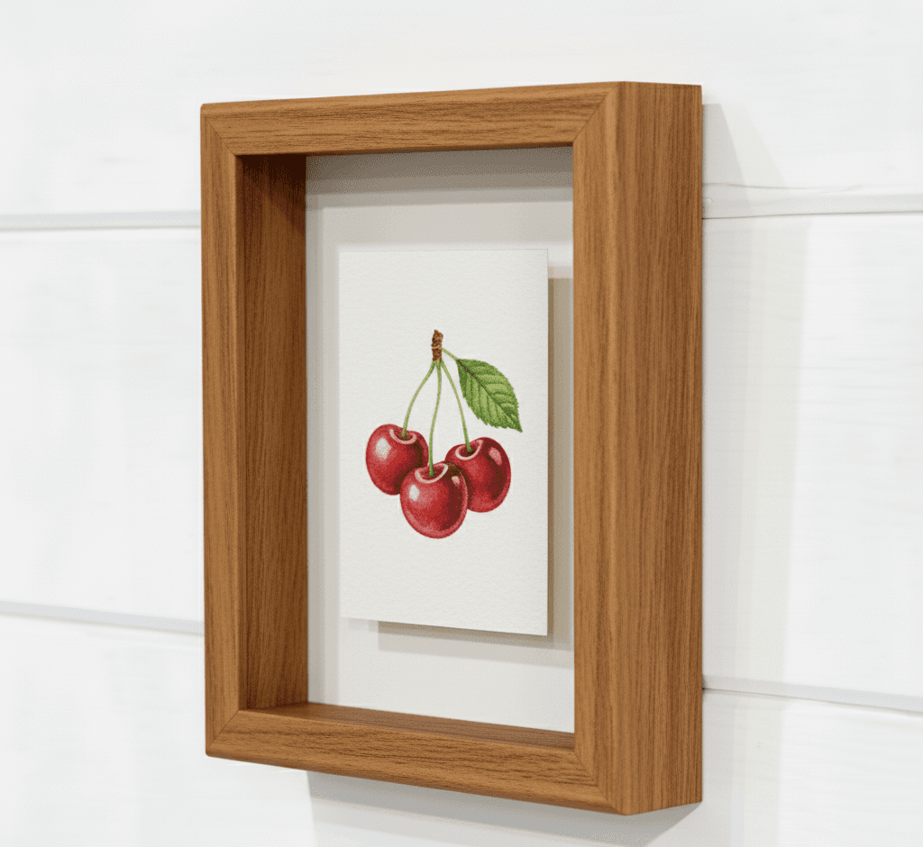 Honey oak shadowbox picture frame displaying botanical watercolor painting of three red cherries with green leaf and stems on white background demonstrating professional fine art framing for small watercolor artwork fruit illustration displays and kitchen botanical art using warm wood finish and dimensional depth