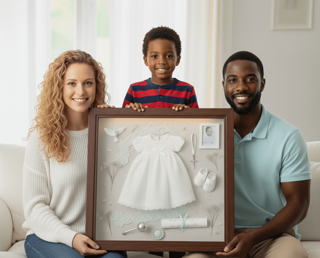 Rustic walnut shadowbox picture frame displaying baptism keepsakes with cross and photo in elegant espresso finish