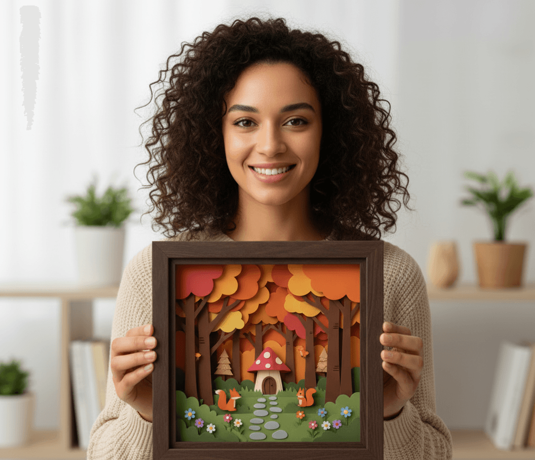 Autumn paper cut shadowbox in espresso walnut frame displaying layered seasonal artwork