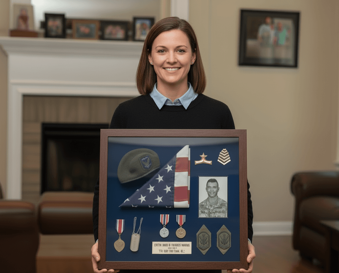 Military tribute shadowbox picture frame in rich walnut featuring flag medals and service photo