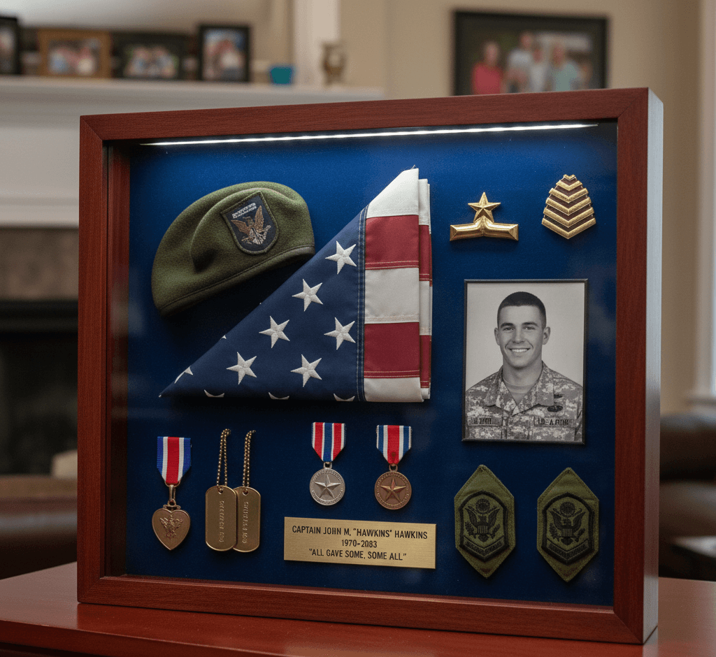 Military service shadowbox picture frame in rustic walnut with flag medals rank insignia and photo