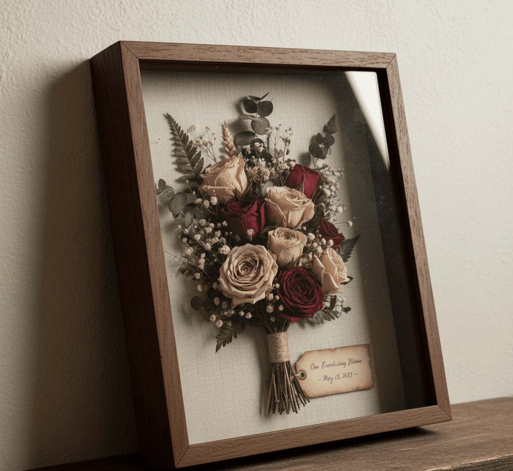 Wedding bouquet preservation shadowbox in rich walnut frame with dried roses and eucalyptus