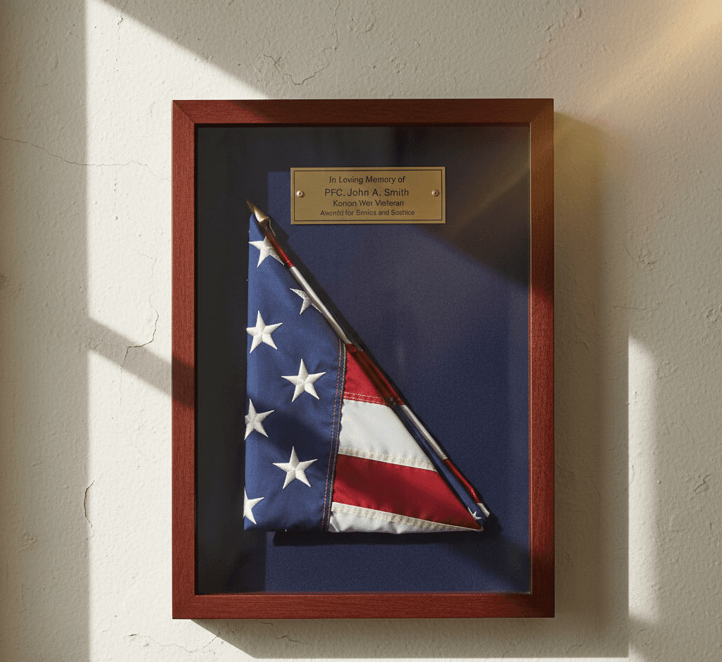 Memorial flag case shadowbox picture frame in walnut with engraved tribute plaque