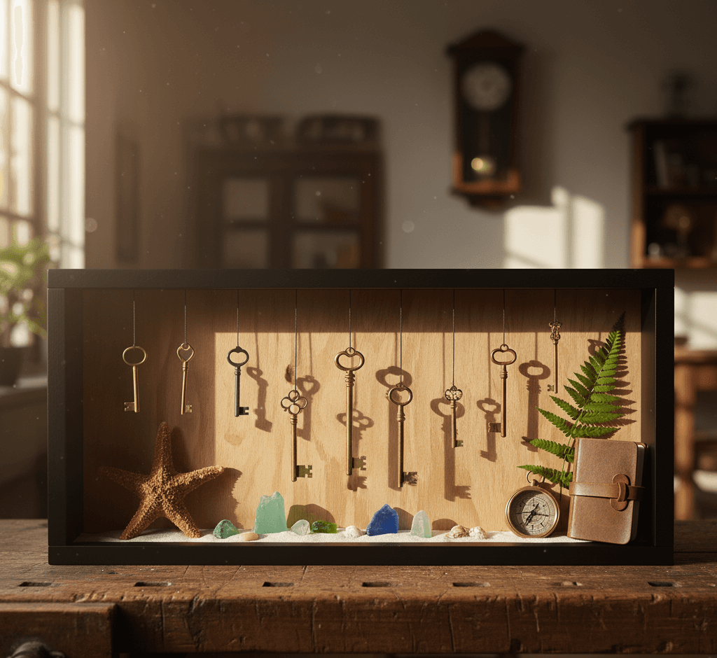 Vintage key collection shadowbox in rustic walnut frame with starfish compass and sea glass
