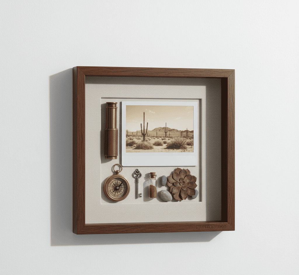 Desert travel memory shadowbox frame in espresso walnut featuring photo compass and succulents