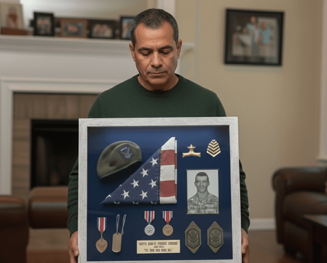 Whitewash shadowbox picture frame displaying dimensional collection demonstrating professional memorabilia framing for heritage displays using coastal white wood styling