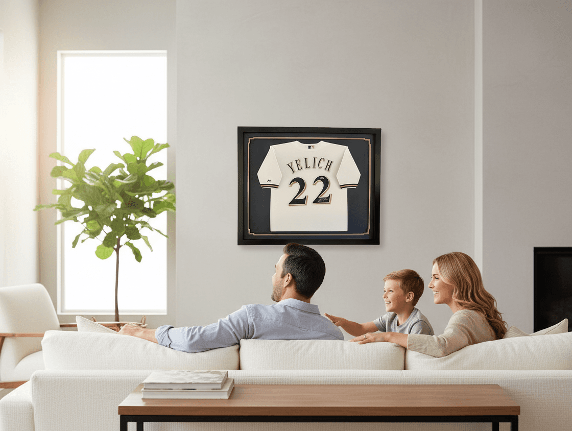 Extra deep black shadowbox picture frame with navy blue team color matting displaying Milwaukee Brewers Christian Yelich number 22 baseball jersey in bright contemporary family room demonstrating professional MLB jersey framing using acid-free conservation matting and 2 inch depth capacity for autographed sports memorabilia shadowbox frames