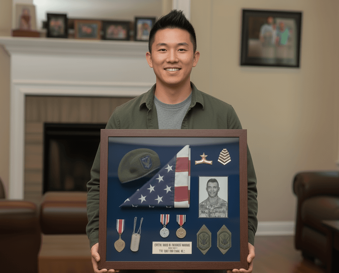 Man displaying military memorabilia shadowbox with folded American flag and service medals in walnut frame