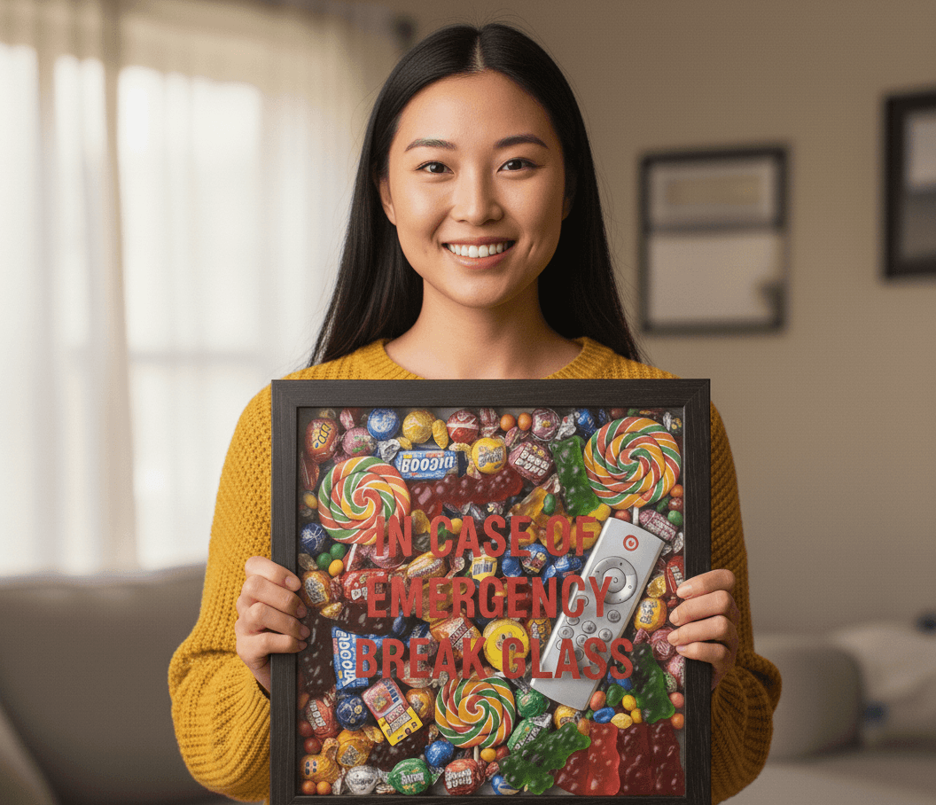 Woman displaying humorous In Case of Emergency Break Glass candy shadowbox in walnut frame for gift decor