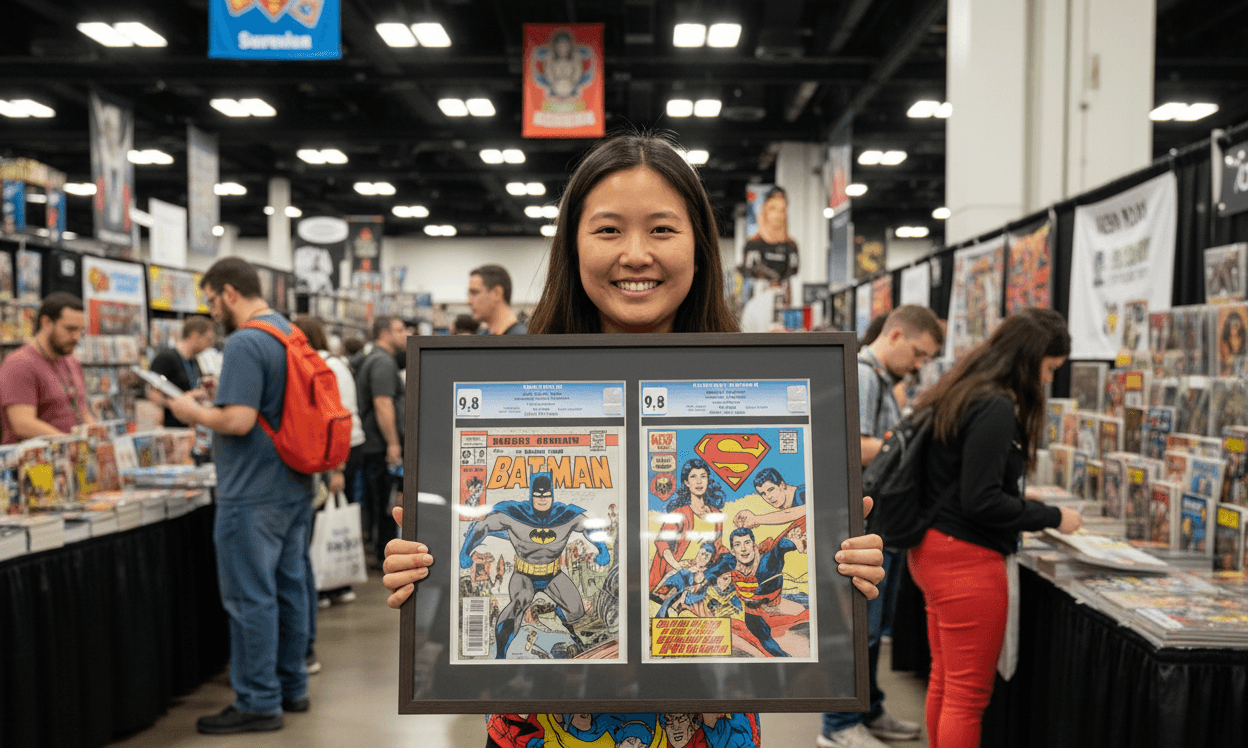 Woman at comic convention displaying CGC graded Batman Superman comics in walnut shadowbox frame