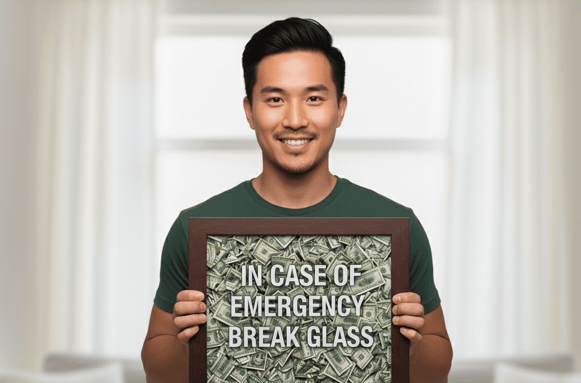 Man displaying In Case of Emergency Break Glass money shadowbox in walnut frame for humorous gift decor