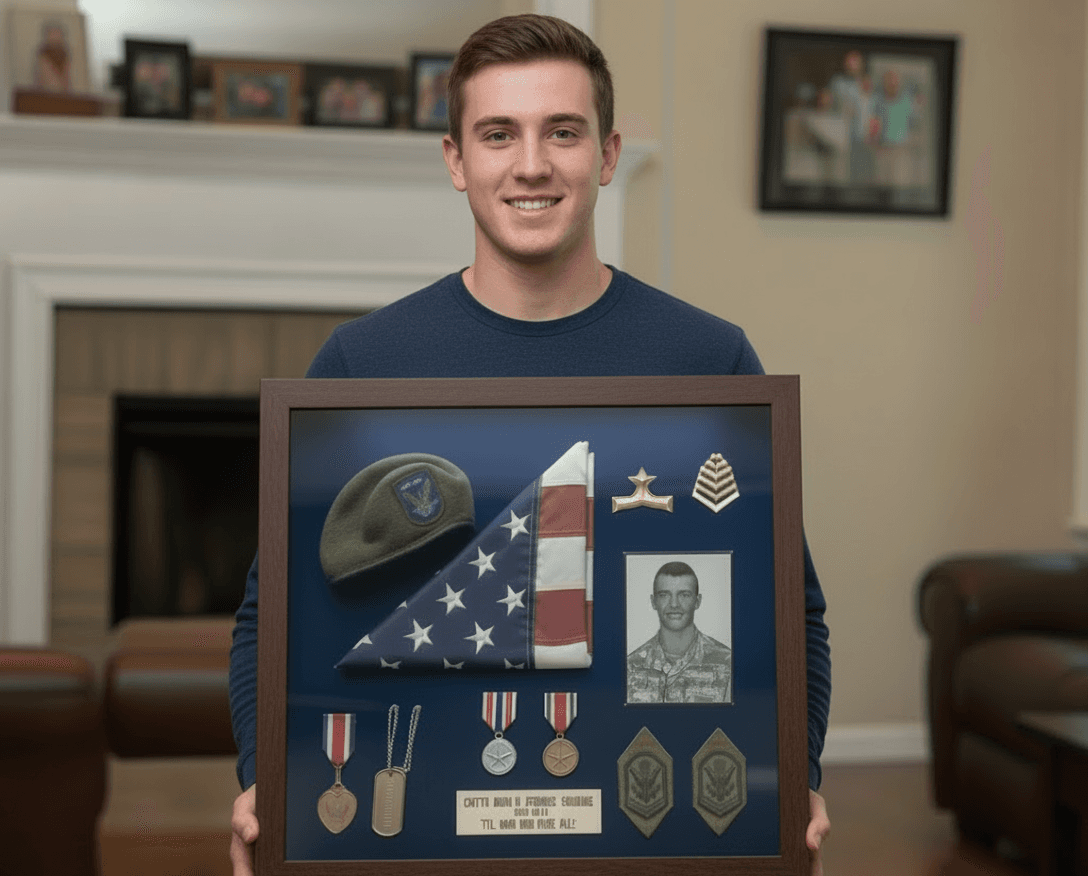 Man holding military service shadowbox with folded flag medals photo and beret in walnut frame tribute