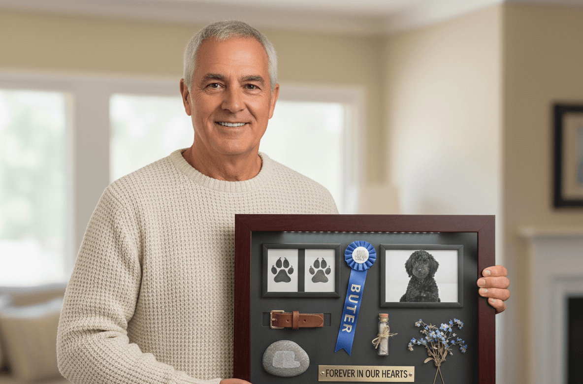 Man holding pet memorial shadowbox with paw prints collar photo and ribbon in walnut frame display