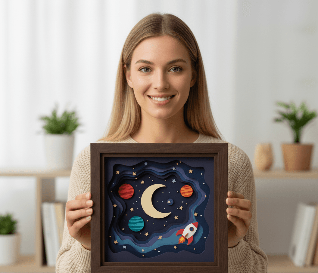 Woman displaying layered paper art space scene with rocket moon planets in walnut shadowbox frame