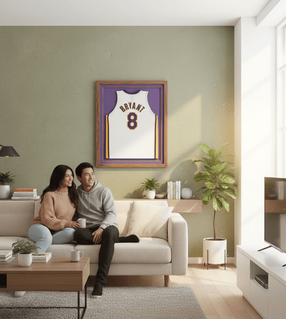 Lakers #8 BRYANT jersey in walnut shadowbox frame on living room wall with couple relaxing on couch