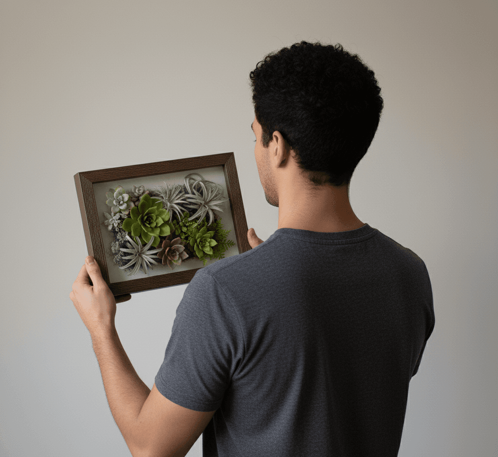 Charcoal Satin Deep Shadowbox frame creating living vertical succulent garden display with air plants on neutral wall, shown from back perspective. This custom 1 inch wide picture frame with 1 inch shadowbox depth accommodates dimensional living plant arrangements and botanical wall gardens for modern minimalist interiors. Deep frame provides necessary depth for succulent roots, soil substrate, and vertical garden installations. Custom shadowbox frames perfect for living wall art, succulent displays, vertical gardens, botanical interior design, and eco-friendly living plant décor with adequate depth for root systems.