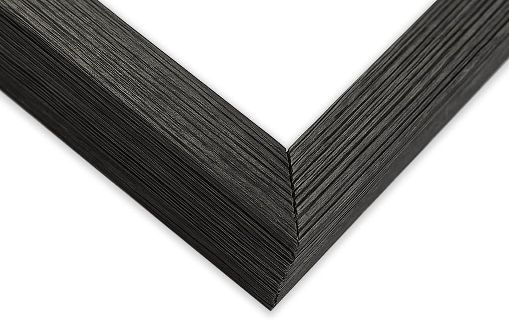 Barnwood Black Shadow Box corner detail showing precision mitered joint with ribbed barn wood texture and 1 inch moulding width with 1 inch usable depth perfect for industrial modern shadowbox displays