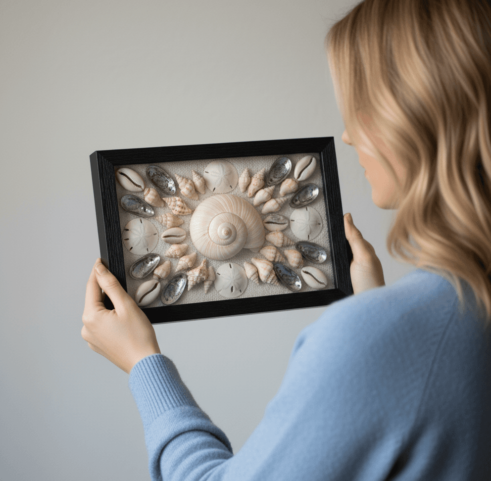 Woman admiring black grooved shadowbox frame showcasing beach collection with nautilus shell, sand dollars, coral, and coastal treasures demonstrating natural history shadow box for seashell display, ocean memorabilia framing, and dimensional marine specimen preservation with rustic black wood picture frame