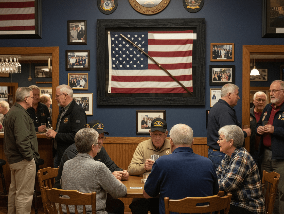 Veterans gathering in VFW post with large barn black shadowbox frame displaying folded American flag with honor guard sword on navy blue wall surrounded by military photos demonstrating ceremonial flag shadow box for military service display, patriotic memorial framing, and dimensional veteran tribute with textured black wood picture frame