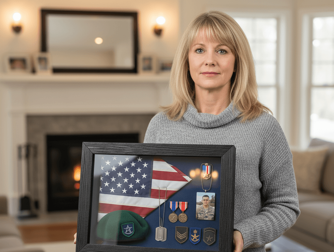 Woman in gray sweater standing before fireplace mantel holding black ribbed shadowbox picture frame displaying folded American flag with military service photo, green beret, dog tags, commemorative medals, and rank insignia on navy blue mat demonstrating veteran memorial shadow box for armed forces tribute display, military honor framing, and dimensional patriotic keepsake preservation with textured barn black wood picture frame