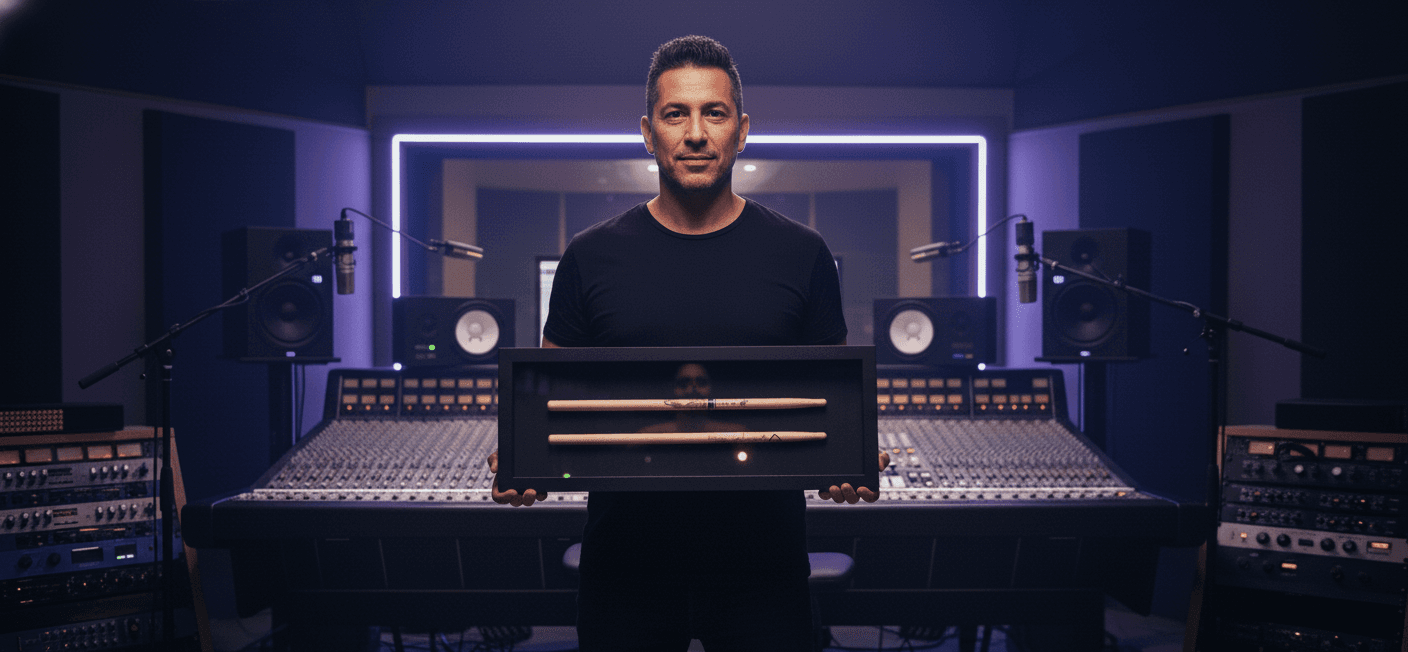 Professional recording studio with glossy black shadowbox frame displaying pair of drumsticks mounted on wall with purple accent lighting surrounded by studio monitors mixing console demonstrating music memorabilia shadow box for professional drummer display percussion collectibles and recording studio decor picture frame
