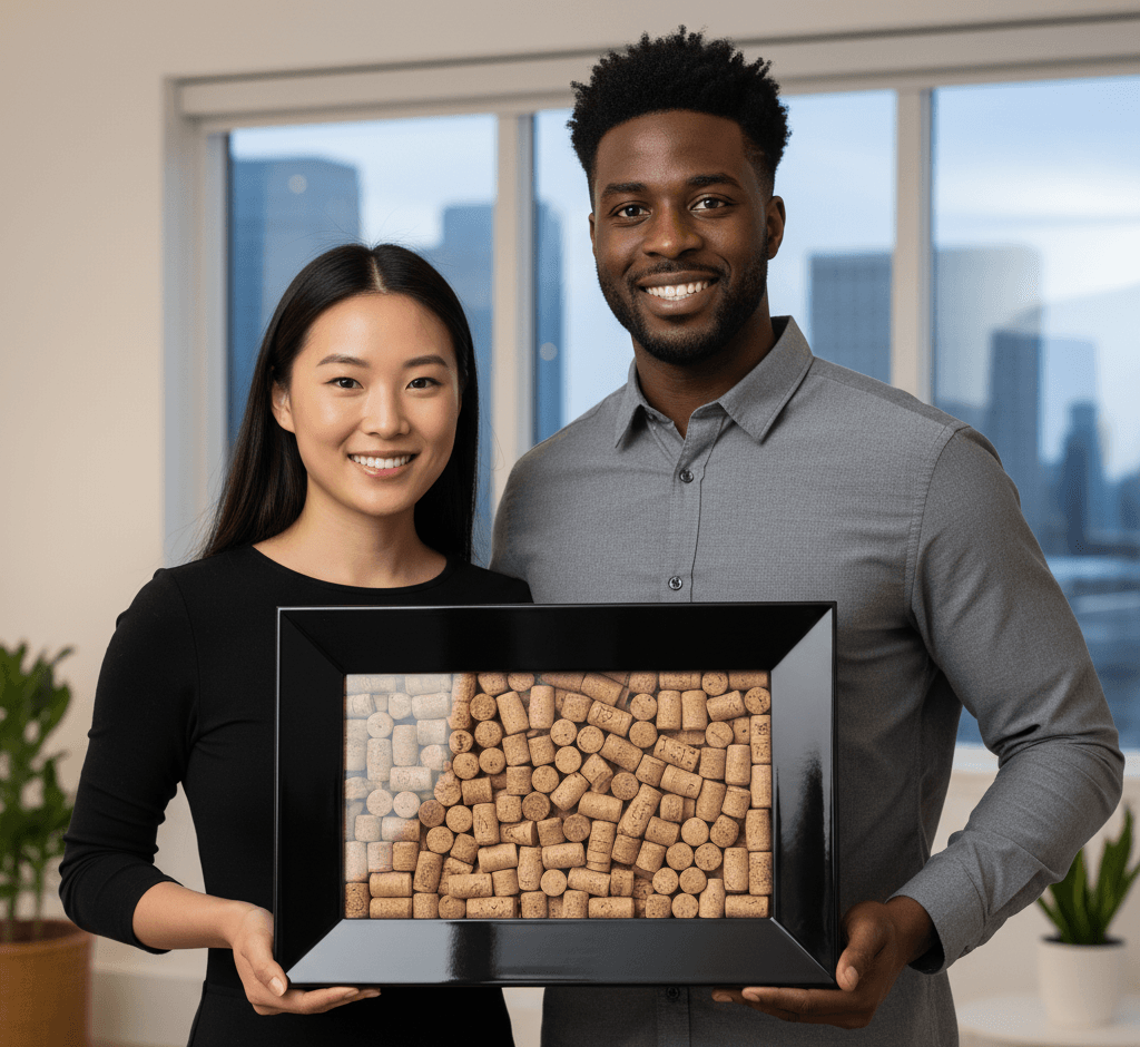Couple displaying glossy black deep shadowbox frame showcasing wine cork collection memory display in modern office setting demonstrating custom shadow box for hobby collectibles wine enthusiast decor and dimensional keepsake framing with contemporary black picture frame