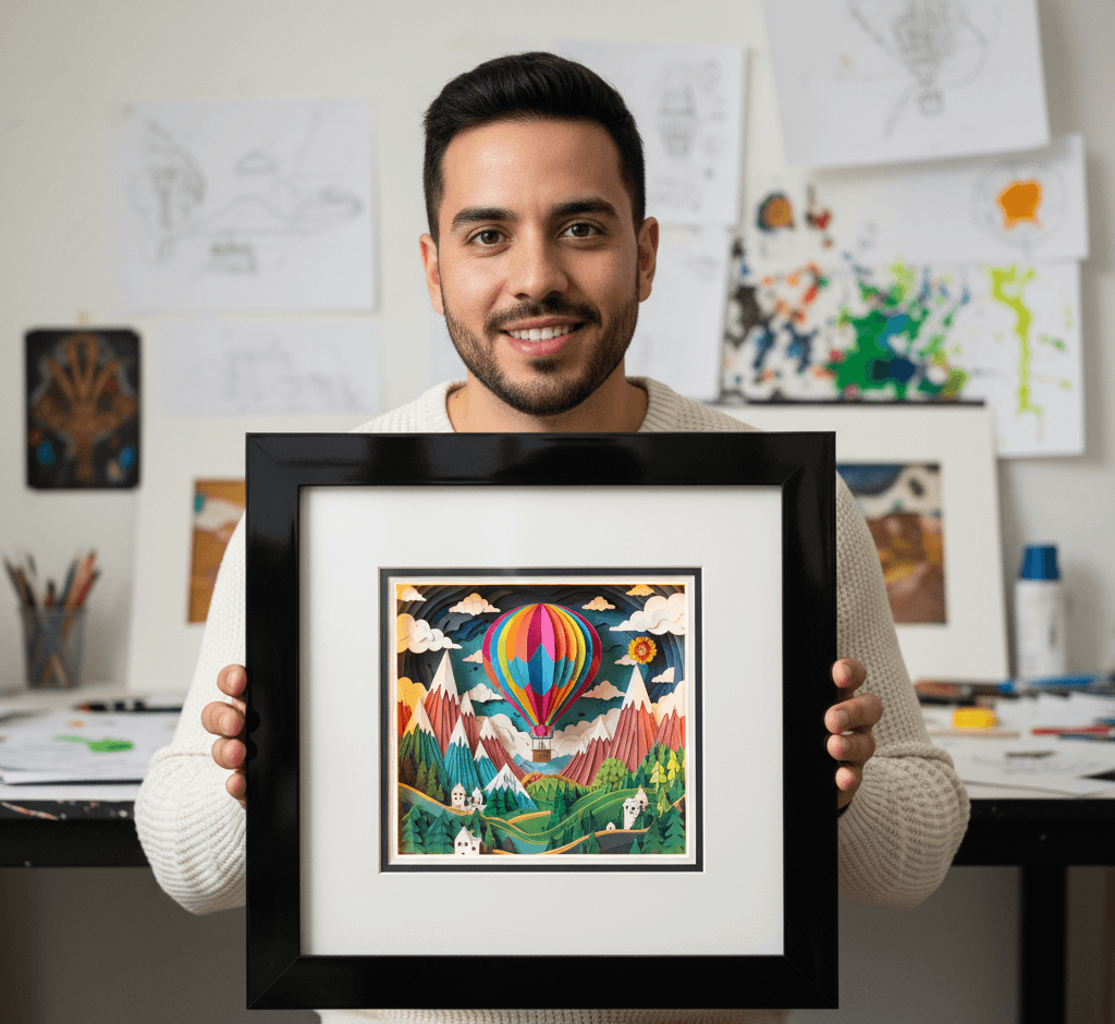 Artist in creative studio holding glossy black shadowbox frame with white mat showcasing dimensional hot air balloon paper cut art demonstrating deep picture frame for layered artwork paper sculpture 3D craft display and contemporary shadow box for dimensional artwork