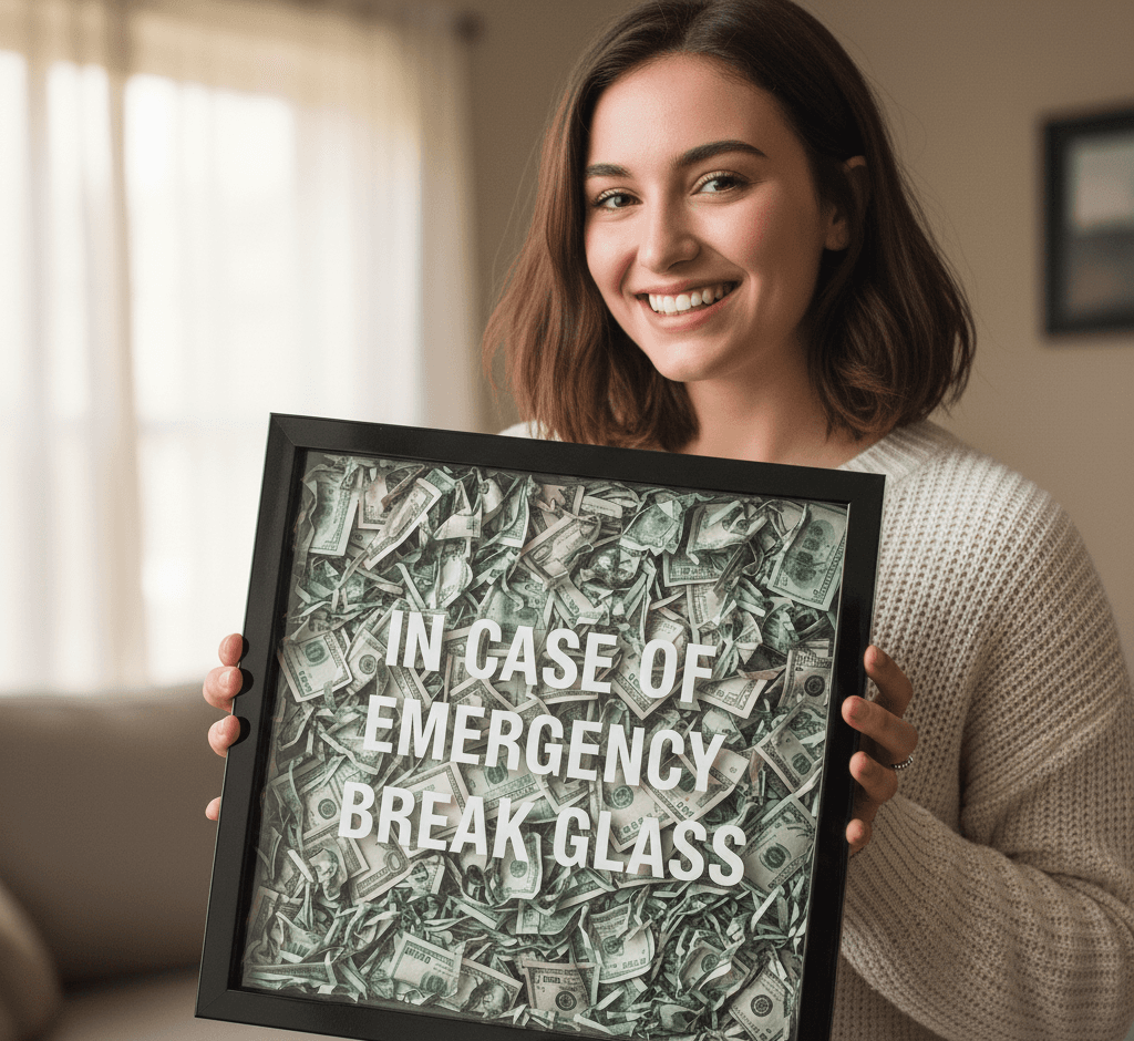 Woman holding glossy black shadowbox frame displaying In Case of Emergency Break Glass novelty money gift with bills demonstrating creative shadow box picture frame for funny gift display unique home decor and conversation piece framing with modern black frame