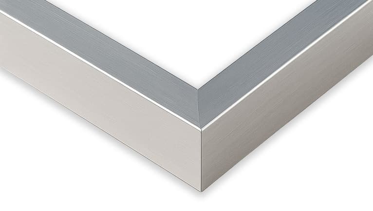 Stainless Steel S Shadowbox corner detail showing precision mitered joint with brushed stainless finish 1 inch moulding width and 1.5 inch usable depth perfect for professional collectible shadowbox displays