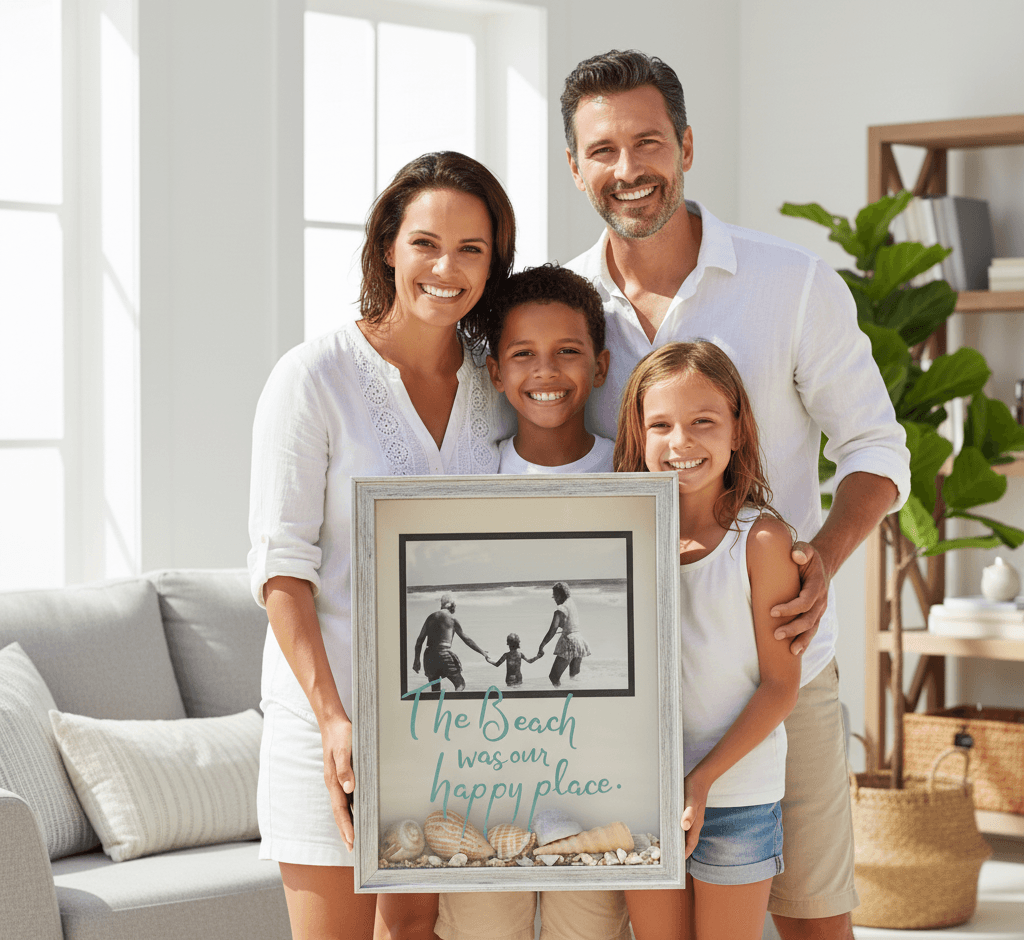Custom shadowbox picture frame displaying family beach vacation memory with photo seashells starfish and The Beach was our happy place quote held by multigenerational family demonstrating personalized shadow box for coastal keepsakes