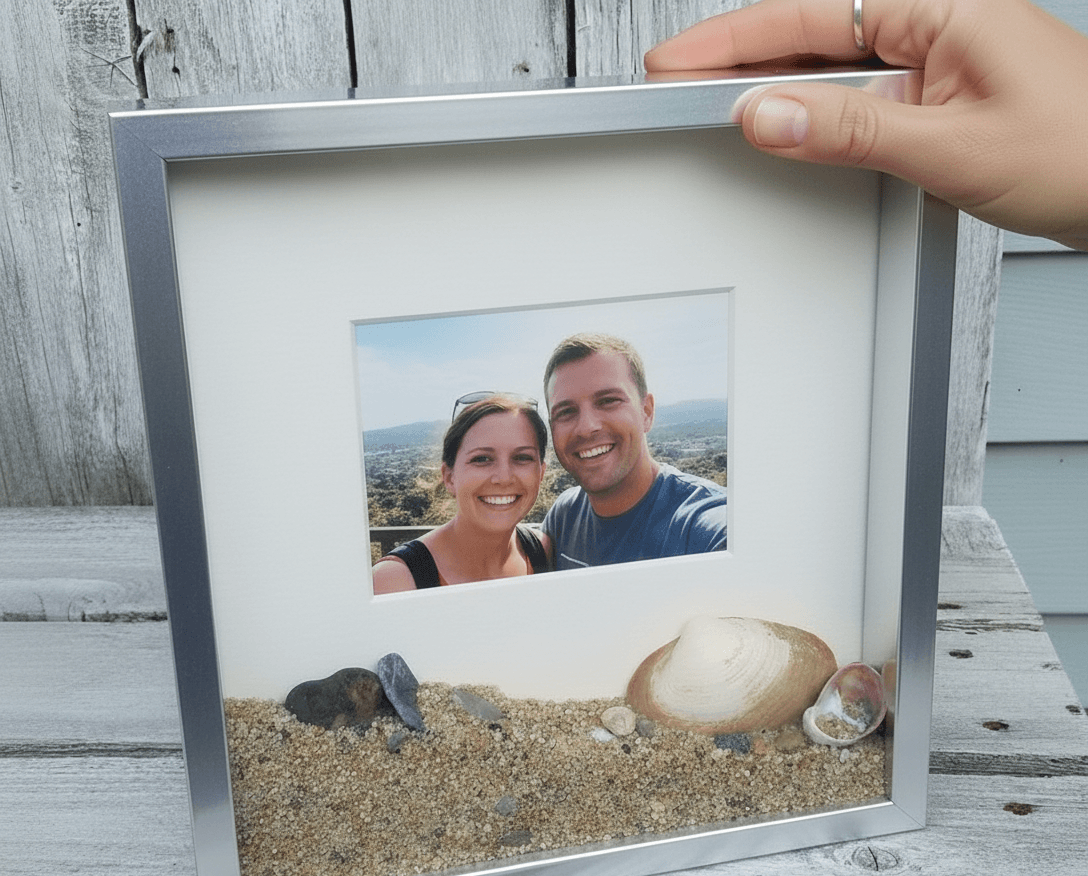 Brushed silver deep shadowbox frame preserving beach vacation memory with couple photo natural sand seashells and ocean treasures on rustic wood background demonstrating coastal memory frame for travel keepsakes and beach collectibles
