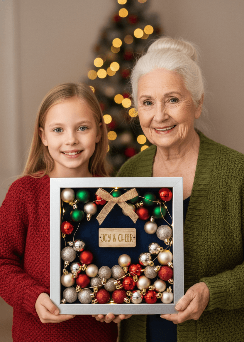 Brushed silver shadowbox frame showcasing holiday ornament wreath with Joy and Cheer plaque gold silver red Christmas baubles and burlap bow held by grandmother and granddaughter demonstrating festive keepsake frame for seasonal decor