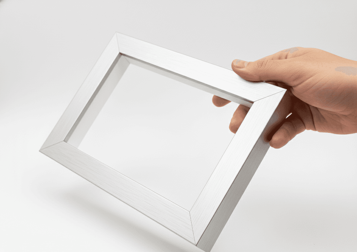 Empty brushed silver shadowbox frame held in hand showing 1.5 inch depth dimension and quality construction demonstrating deep picture frame capacity for dimensional artwork collectibles and 3D object display with professional craftsmanship