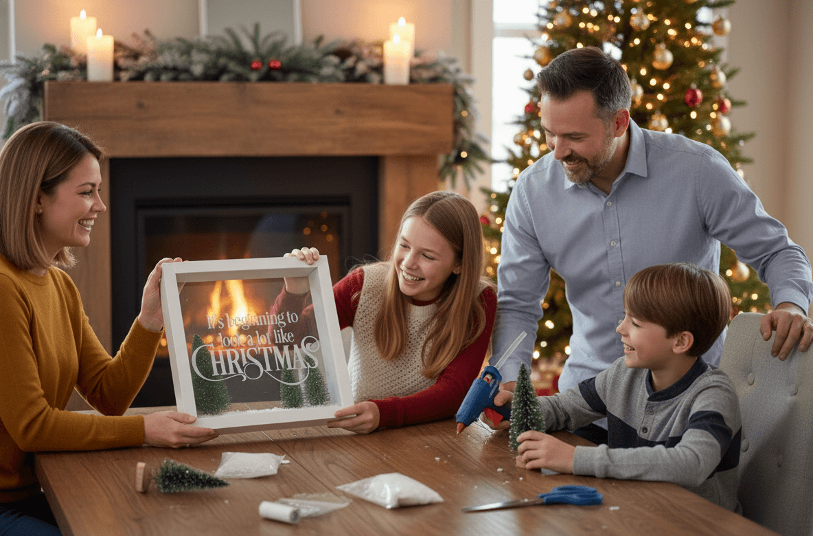 Family DIY craft project creating custom Christmas shadowbox frame with Its beginning to look a lot like CHRISTMAS message miniature trees and artificial snow demonstrating holiday shadow box craft for seasonal home decor and festive keepsake display