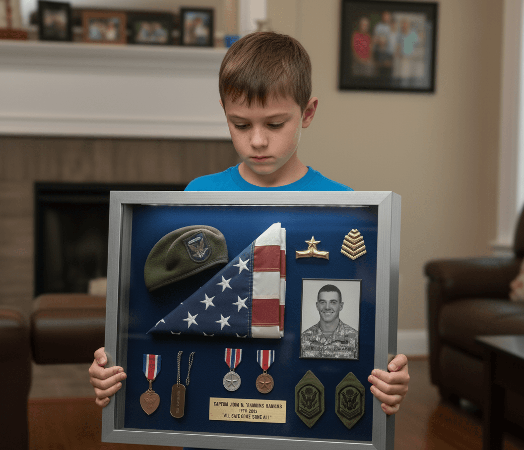 Young boy holding brushed silver military memorial shadowbox frame preserving grandfather service with folded American flag beret photo medals dog tags and engraved plaque demonstrating heritage shadow box for family military tribute and generational remembrance