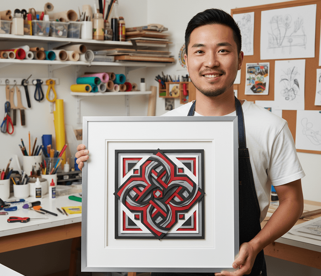 Artist in creative studio holding brushed silver shadowbox frame with white mat board showcasing dimensional geometric paper cut art in red black and gray demonstrating deep frame for layered artwork paper sculpture and contemporary craft display