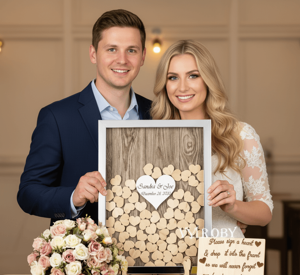 Wedding couple holding custom shadowbox guest book frame with wooden heart signatures on rustic background and personalized names and date demonstrating wedding keepsake shadow box for reception guestbook alternative and marriage memorabilia display