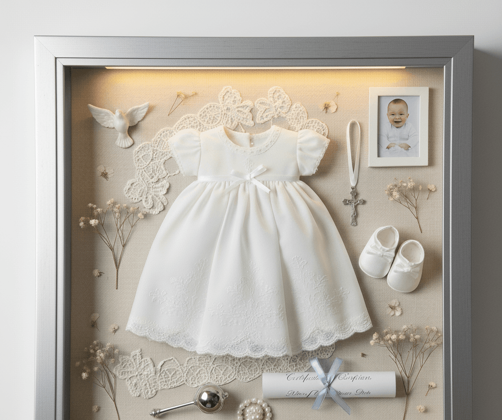 Close-up overhead view brushed silver shadowbox frame displaying christening dress with baptism keepsakes including white shoes bonnet lace collar baby photo dried flowers and silver rattle on champagne linen demonstrating baptism memory box for heirloom preservation