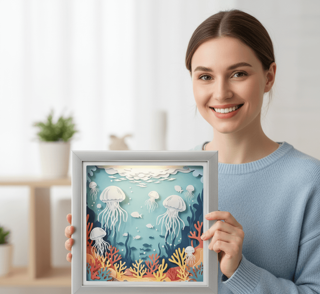 Woman holding brushed silver shadowbox frame showcasing dimensional ocean scene paper cut art with layered jellyfish coral reef and marine life in aqua turquoise and coral colors demonstrating deep picture frame for paper sculpture shadow art and layered artwork display