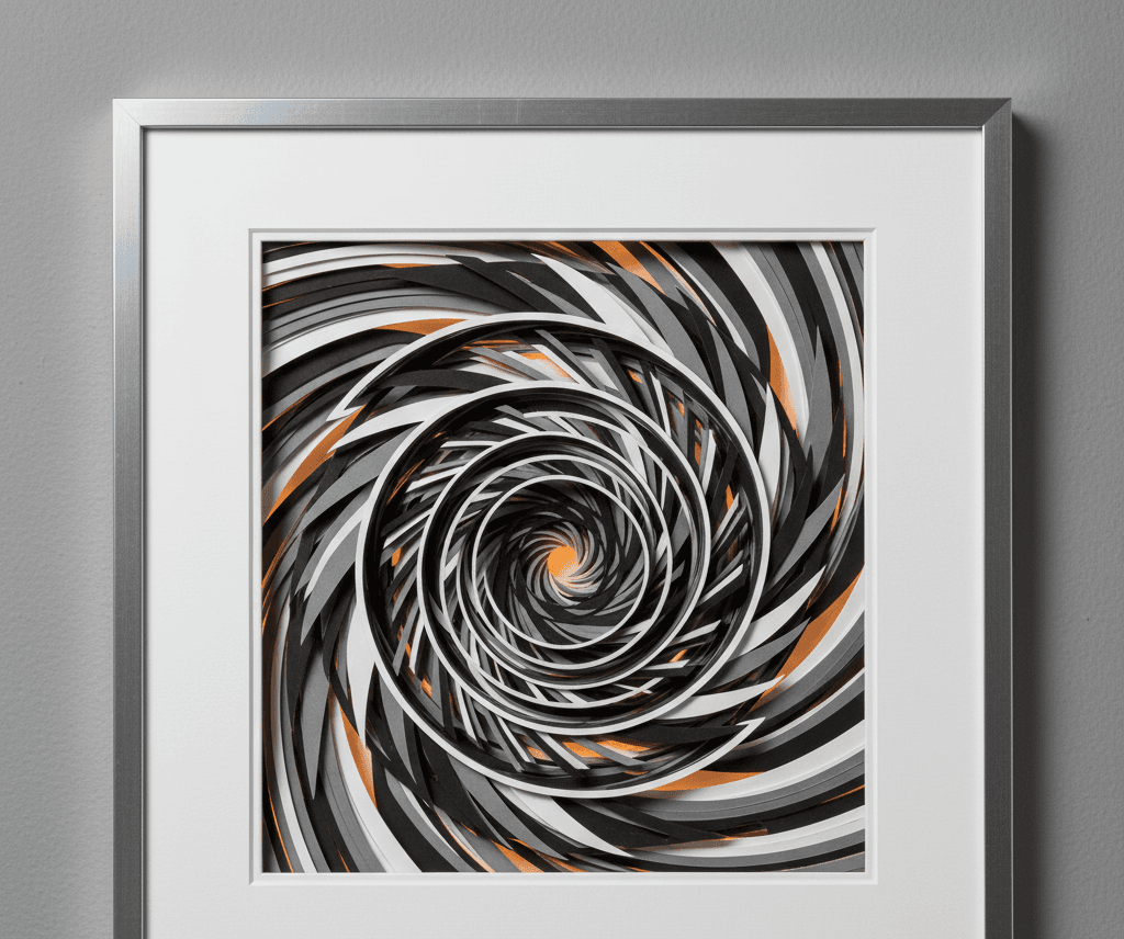 Brushed silver picture frame with white mat board displaying abstract spiral paper cut artwork in black white gray and copper tones on gray background demonstrating contemporary shadowbox frame for modern geometric art layered paper design and dimensional wall art