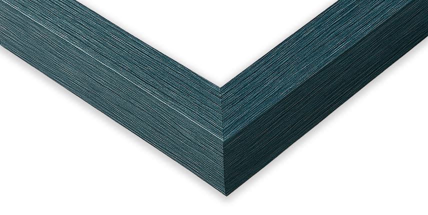 Barn Blue Standard Shadowbox corner detail showing precision mitered joint with weathered barn blue finish 0.75 inch moulding width and 1 inch usable depth perfect for coastal collectible shadowbox displays