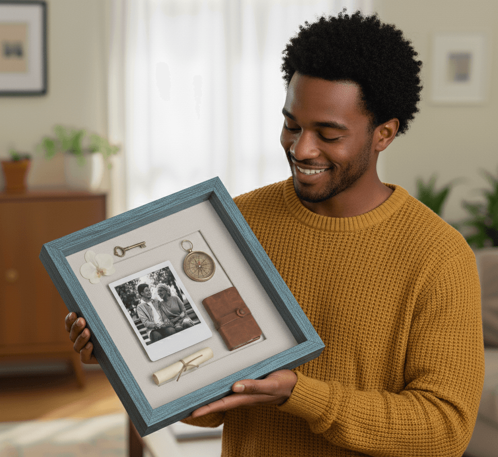 Man holding barn blue shadowbox displaying vintage family photos with compass, key, wallet, and memorabilia keepsakes
