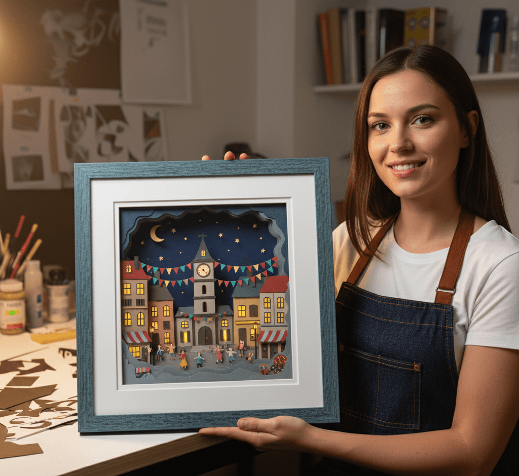 Barn blue shadowbox featuring dimensional paper cut town scene with clock tower and festive village celebration