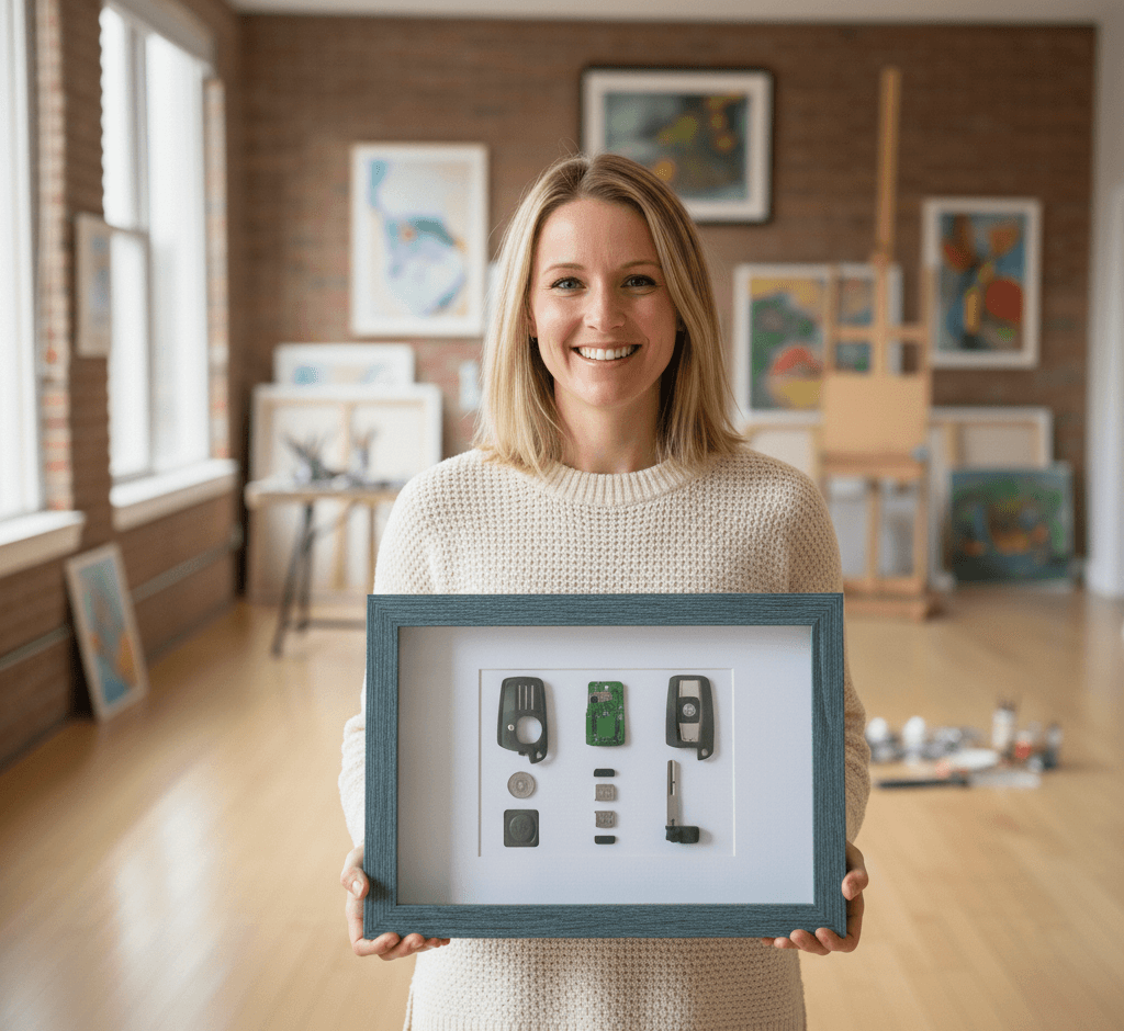 Barn blue shadowbox displaying automotive key fob components, circuit boards, and electronic memorabilia collection