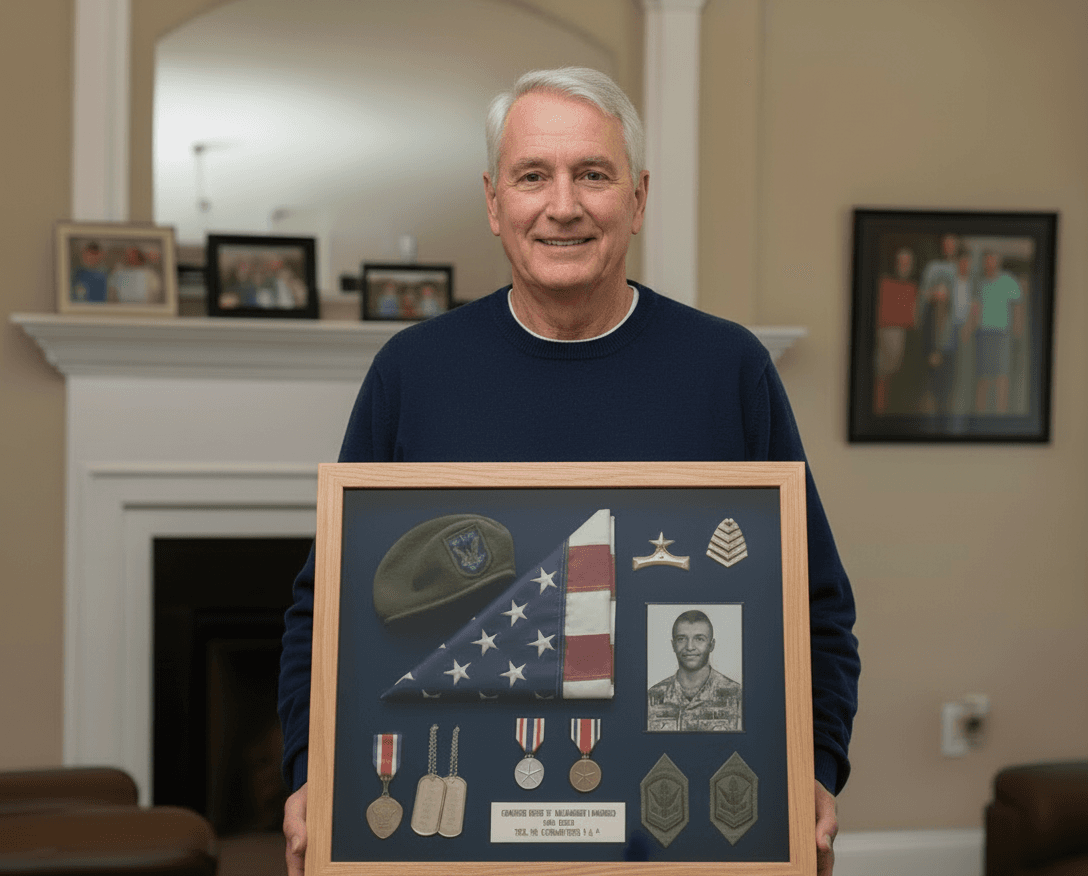 Proud veteran holding military service shadowbox with folded American flag, beret, medals, and service photo