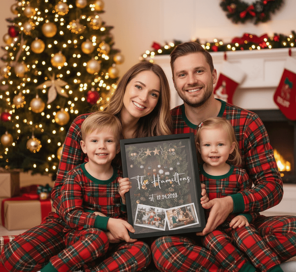 Family in matching plaid Christmas pajamas holding black shadowbox picture frame with personalized Hamilton family keepsake featuring holiday ornament border vacation photos and festive date demonstrating custom shadow box for Christmas memories family traditions holiday keepsakes seasonal displays year-in-review frames and dimensional picture frames for festive home decor